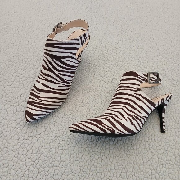 Seven Dials Brown and White Zebra Print Slingback Stiletto Booties Size 9.5 - Picture 1 of 5